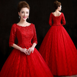 婚纱礼服2016新款春时尚韩版一字肩中袖蕾丝显瘦红色齐地拖尾婚纱