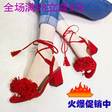 韩版时尚流苏鞋露趾中跟交叉绑带凉鞋粗跟夏季罗马女鞋方跟红色潮