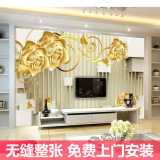 3d立体客厅沙发电视背景墙纸欧式壁纸无缝墙布壁布壁画金色玫瑰花