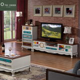 美式乡村电视柜彩绘复古做旧1.8米地柜田园地中海电视柜实木白色