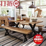 美式乡村复古实木铁艺餐桌椅组合做旧小户型饭桌长凳餐桌整套家具