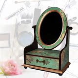 厂家直销欧式木制椭圆化妆镜子桌面单抽首饰收纳盒台式梳妆镜绿底