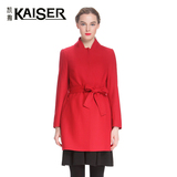 凯撒女装秋装新款简约中长款长袖立领红色外套修身系带
