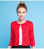 模特实拍-欧洲站蕾丝短外套七分袖大红色小香风外套（现货）