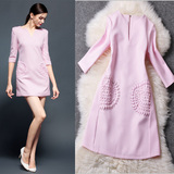 2016春季新款欧美高端小香风气质重工粉色OL钉珠七分袖打底连衣裙