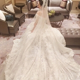 2016新款韩式高端奢华一字肩蕾丝公主花朵婚纱礼服长拖尾修身显瘦