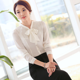 韩版女士长袖衬衫女装春秋冬装衬衫白色蝴蝶结打底衫修身百搭衬衣