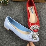 欧美风新款水晶钻石浅蓝色蝴蝶结单鞋平跟圆头漆皮平底真皮女鞋子