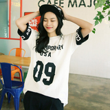 大码女装夏装新款宽松中长款半截短袖t恤字母学生棒球服韩版上衣
