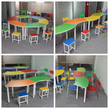 彩色幼儿美术桌图书馆团体绘画桌圆形弧形桌辅导班教学学习课桌椅