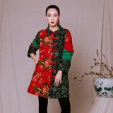 2015新款民族风女装秋冬装中式复古印花拼接中长款棉袄中国风棉衣