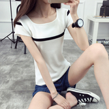 夏装新款韩版一字领针织衫修身显瘦短袖t恤女装上衣短款薄打底衫