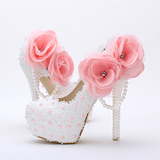 粉色珍珠蕾丝花朵圆头婚鞋防水台超高跟宴会敬酒鞋女单鞋新娘鞋子
