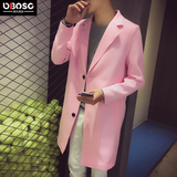 OBO春装韩版潮流男士外套英伦风衣青年修身纯色中长款休闲大衣薄