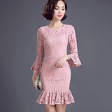 女装2016春装新款韩版OL气质修身显瘦鱼尾喇叭袖蕾丝荷叶边连衣裙