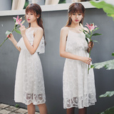 夏季韩版新款吊带绣花荷叶边高腰A字裙气质女神中长款蕾丝连衣裙