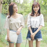 LRUD2016夏季新款韩版V领蕾丝拼接短袖T恤女宽松休闲纯色打底衫