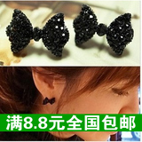 新款 蝴蝶结满钻耳钉 韩版女 可爱 镶钻黑色 耳环饰品