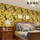 现代中式花鸟壁纸古典无纺布墙纸卧室客厅电视背景墙玄关壁纸孔雀