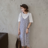 韩国夏装新款 不规则条纹气质显瘦宽松雪纺吊带连衣裙沙滩长裙女