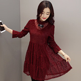 2015冬季新款韩版中长款加绒蕾丝连衣裙女宽松大码加厚打底裙子潮