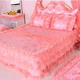 婚庆韩版公主花边蕾丝四件套粉色床裙结婚床上用品纯棉贡缎被套