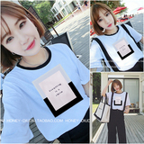 韩范2016夏季新款女装小清新拼色圆领图案印花短袖T恤上衣学生女