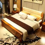 中式床全实木真皮 美式简约双人床北欧橡木床深色现代软靠皮靠1.8