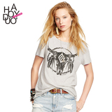 Haoduoyi2016夏装新款 欧美街头个性牛头印花 圆领短袖宽松女T恤