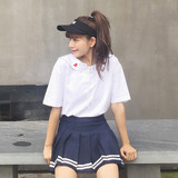 韩国ulzzang学院风日系海军领桃心刺绣系带宽松T恤女夏季学生上衣