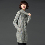 韩版中长款女式高领毛衣女款套头宽松加厚麻花针织打底毛衣裙包臀
