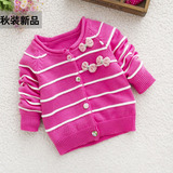 女童秋冬装针织开衫1-3岁儿童宝宝2-4条纹长袖毛衣蝴蝶结玫红粉红