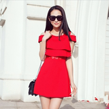 2016夏季新款韩版收腰修身显瘦露肩气质a字裙短袖连衣裙小红裙