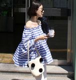 2016韩国东大门代购夏季新款宽松大码条纹一字肩娃娃衫衬衣上衣女