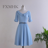 FXMHK原创自制Vintage连衣裙复古深V领高腰A摆连身中袖显瘦婴儿蓝