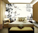 水墨竹子花鸟酒店客厅电视沙发卧室背景墙无缝丝绸壁画墙纸壁纸