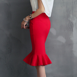 susuonni2016秋季新款高腰包臀半身红色荷叶边鱼尾裙一步裙中裙