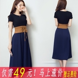2016夏装新款韩版女装A字裙子假两件套中长款夏季短袖修身连衣裙