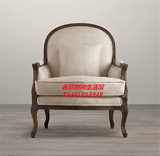 美式单人沙发 麻布沙发 定制美式实木沙发客厅 做旧原木单人亚麻