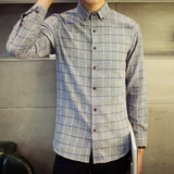韩版休闲红色格子衬衫男士法兰绒长袖衬衫潮青年纯棉修身衬衣学生