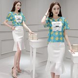 时尚套装女2016夏季新款韩版修身短袖印花T恤鱼尾两件套连衣裙潮
