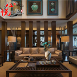 新中式样板房沙发定制 客厅三人组合 水曲柳仿古实木会所家具整装