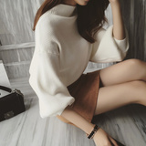 东大门2016新款韩版纯色半高领竖纹显瘦宽松蝙蝠套头毛衣女