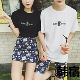 韩国2016情侣装套装夏季新款刺绣宽松短袖T恤沙滩度假短裙子班服