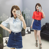 雪纺衫女韩版纯色修身显瘦喇叭袖短袖上衣2016夏季短款蝴蝶结衬衫