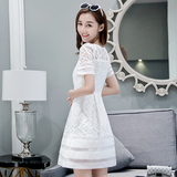 2016夏季新款短袖蕾丝连衣裙夏女中长款韩版修身白色裙子A字裙潮