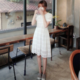 cherrykoko2016夏季新款勾花蕾丝连衣裙韩版甜美修身短袖中长裙子