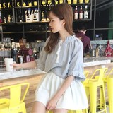 2016夏季韩版荷叶边宽松显瘦中长款V领流苏花边七分袖衬衫学生女