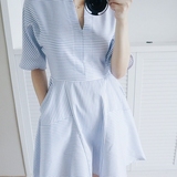 韩国代购女装夏季新款韩版赫本气质显瘦V领不规则下摆条纹连衣裙