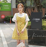 夏季韩国正品代购可爱修身A型单排扣抹胸棉黄色吊带背心连衣裙
